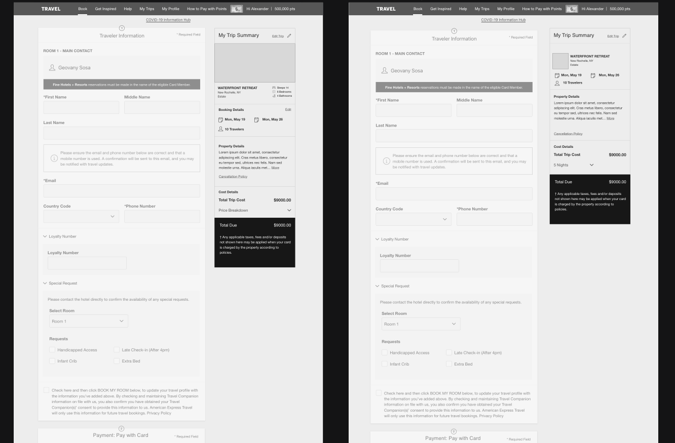 Trip summary and checkout — wireframe beside final design
