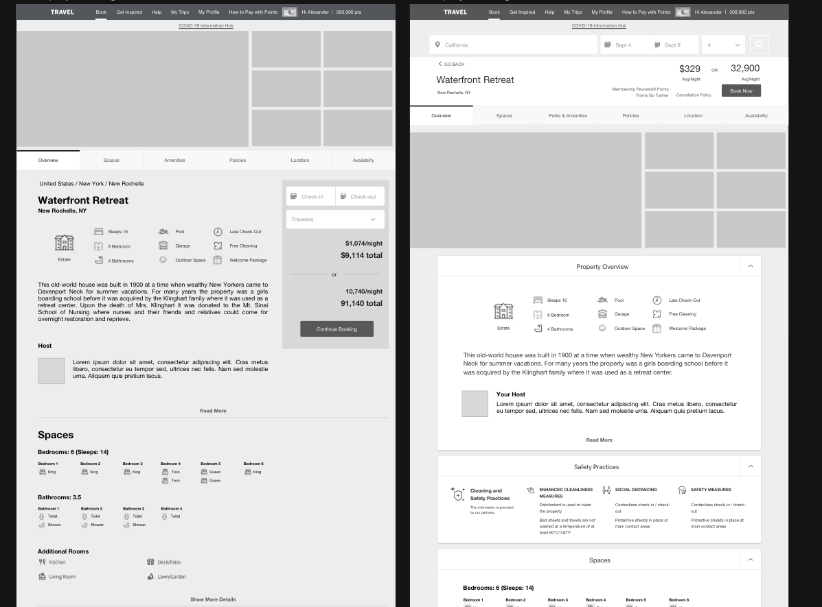 Property detail — wireframe beside final design