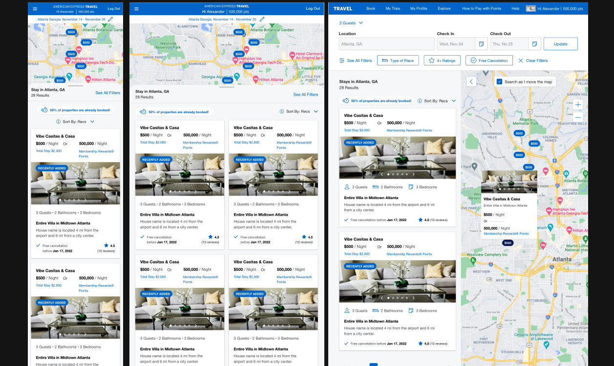 American Express Travel vacation-rental search results — final design