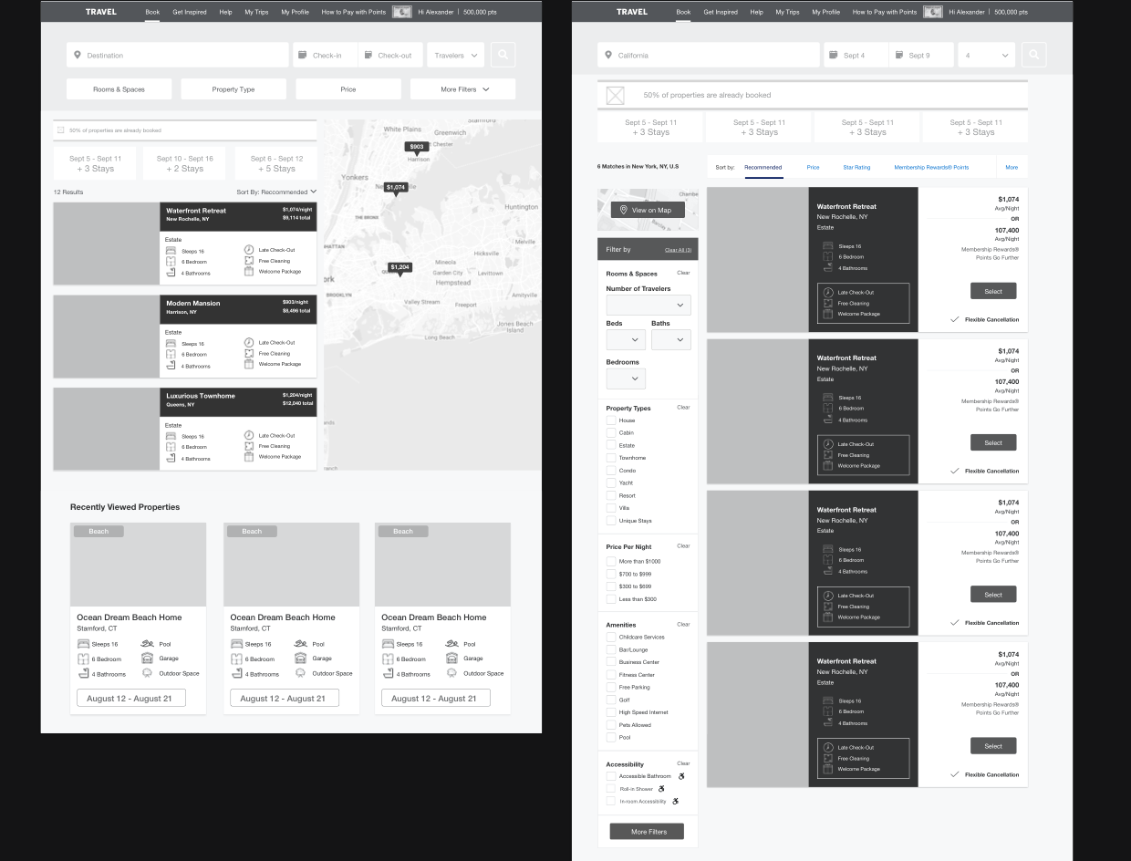 Search and results — wireframe beside final design