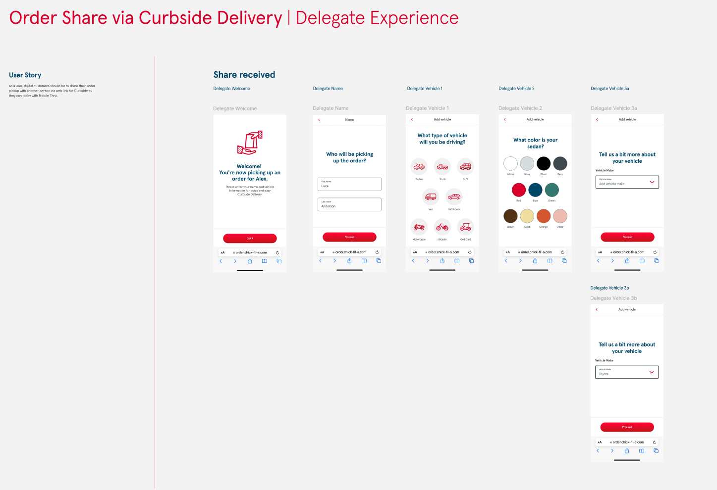 Delegate onboarding: welcome, name, and vehicle details for curbside pickup
