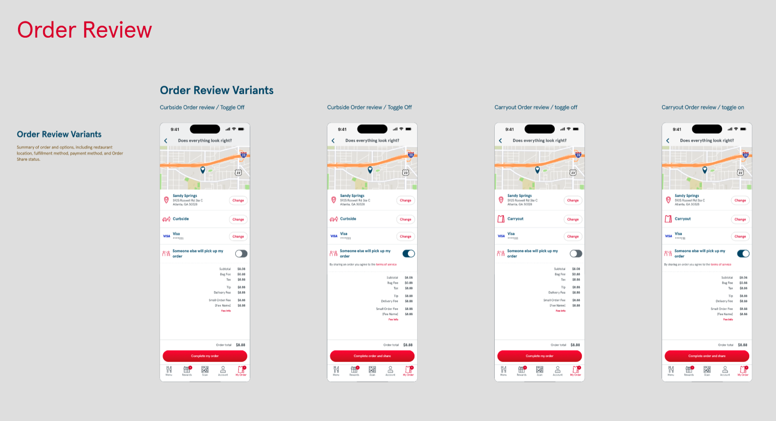 Order review variants with the delegate toggle across curbside and carryout