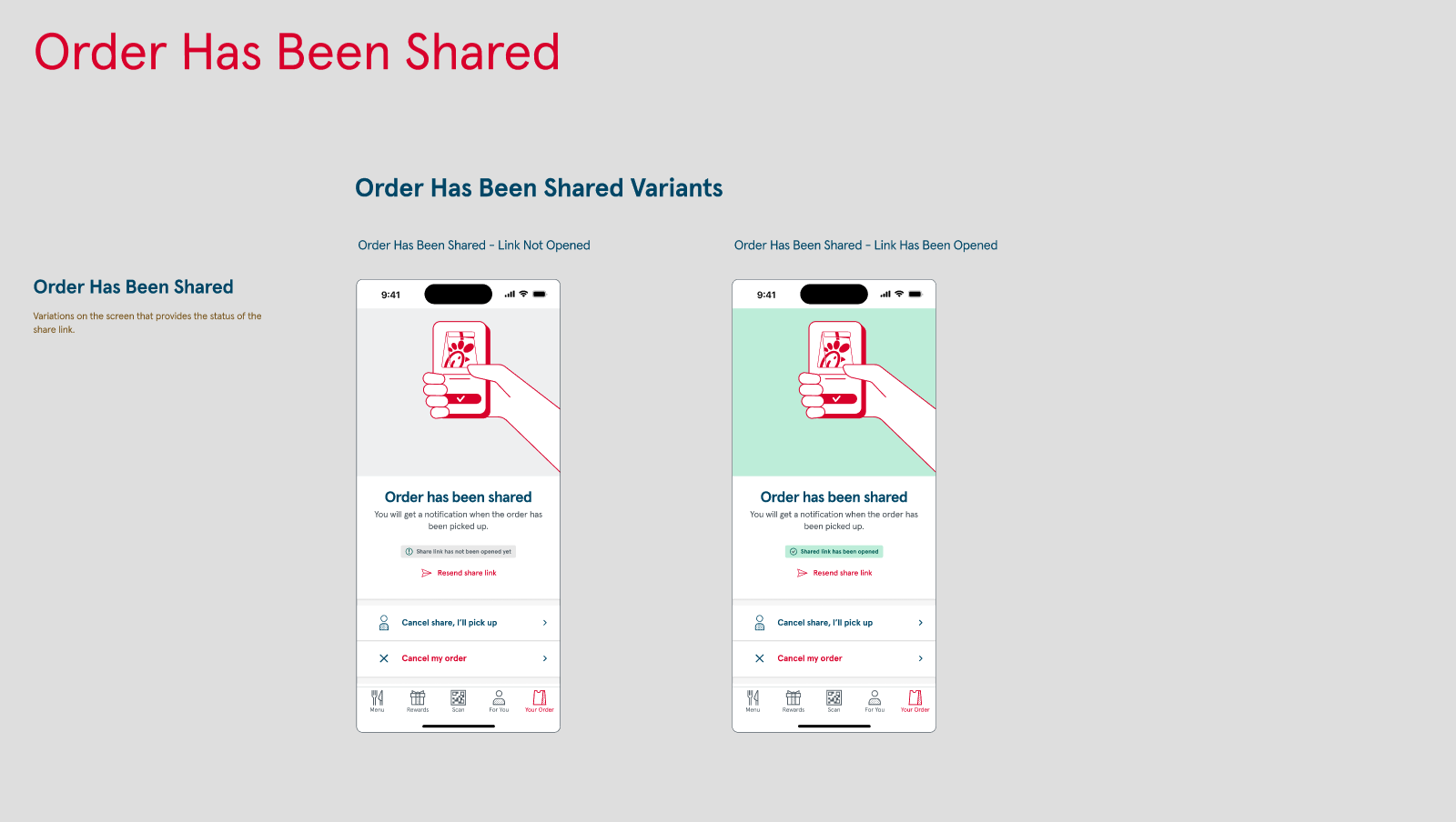 Order Share status screens — share link not opened and share link opened