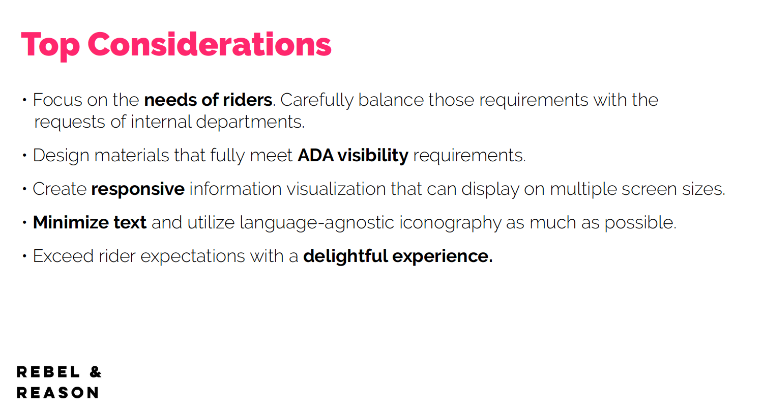 Top considerations: rider needs, ADA visibility, responsive display, minimal text