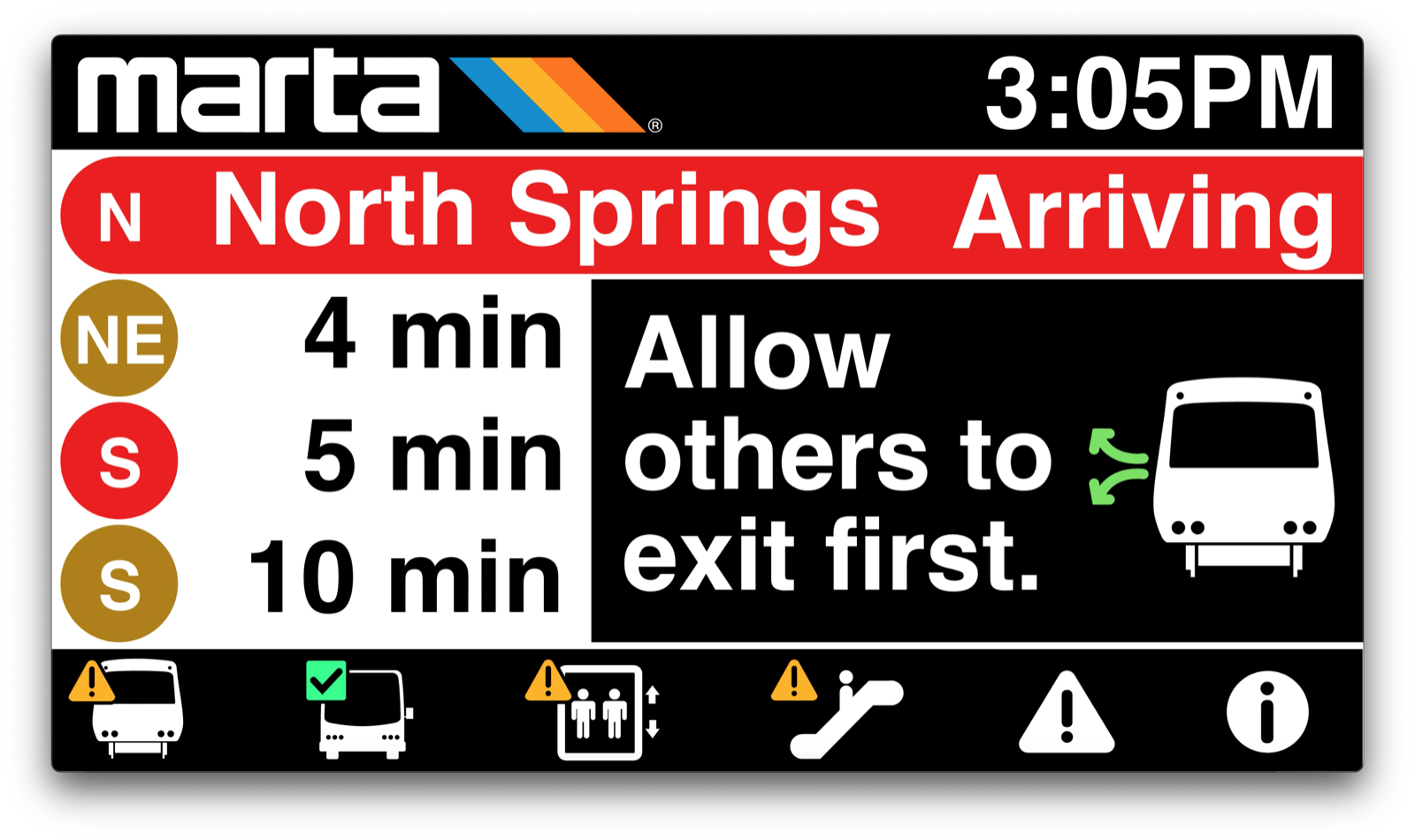 Arrivals board with a rider-guidance message: allow others to exit first