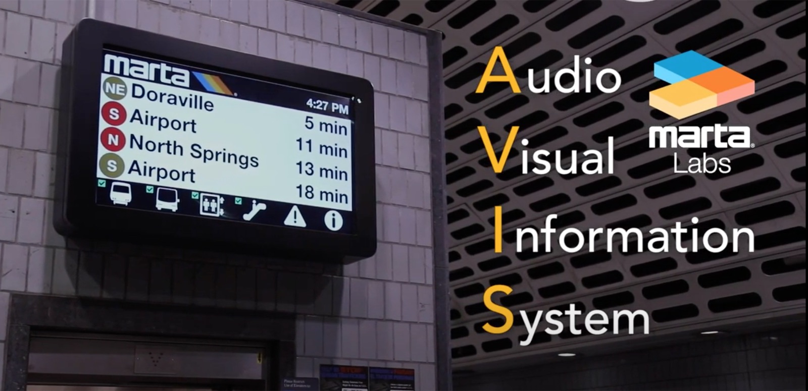 MARTA digital signage mounted in a station — the Audio Visual Information System